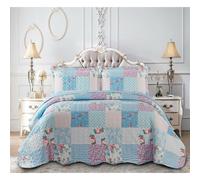 (Floral Blue, Super King) 3 Piece Patchwork Bedspread Quilted Throw Double & King Size Printed Bedding Set