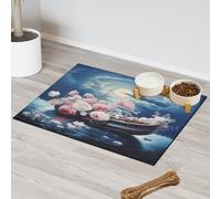 Floral Boat Moonlight Dream Absorbent Dog Food Mat with Non-Slip Backing, 12 x 20 inch Feeding Mat for Puppy Cat Bowls, Spill-Proof Pet Diner Placemat for Kitchen Floors