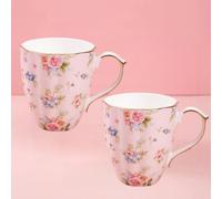 Floral Bone China Coffee Mugs with Handle, 2pcs Ceramic Tea Cup, 16oz Porcelain Elegant Vintage Rose Pattern with Gold Trim, for Home, Office & Gifts, Pink