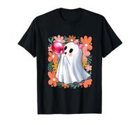 Floral Boo Ghost Bow Tie Blowing Bubble Halloween Women Girl T-Shirt