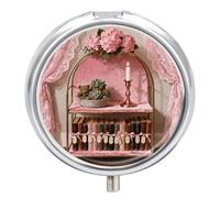 Floral Bookshelf Retro Pink Pill Box, 3 Compartment Small Pill Case, Metal Round Portable Storage Box Stores Vitamins, Medicines, Fish Oil and Supplements