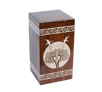 Floral Border Engraved Wooden Cremation Urns for Human Ashes Adult - Funeral Urn Box Columbarium - White Tree of Life & Doves - 200 Cubic Inches