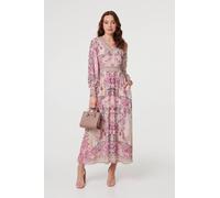 Izabel London Floral Border Print Empire Maxi Dress for Women UK with Long Sleeves, a v-Neck and Pockets. Pink