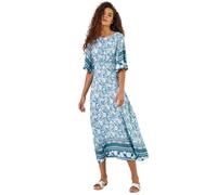Roman Originals Floral Border Print Midi Dress for Women UK - Ladies Everyday Holiday Spring Summer Round Neckline Comfy Soft Evening Vacation Work Party - Light Blue - Size 12