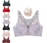Floral Bra, Floral Comfort Rose Bra Front Closure Lace Comfy No Wire Bras, Comfortable Push up Bra (Milk Grey,44/100C)