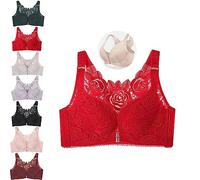 Floral Bra, Floral Comfort Rose Bra Front Closure Lace Comfy No Wire Bras, Comfortable Push up Bra (Red,42/95D)