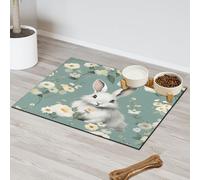 Floral Bunny Portrait Absorbent Dog Food Mat with Non-Slip Backing, 17 x 30 inch Feeding Mat for Puppy Cat Bowls, Spill-Proof Pet Diner Placemat for Kitchen Floors