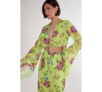 Floral Burnout Tie Front Fluted Sleeve Crop Top NastyGal Lime 6