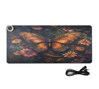 Floral Butterfly Dark Print Heated Desk Mat Large Heated Desk Table Protector with 3 Heating Levels PU Leather Large Deskmat for Office Home, 35.4x15.7in