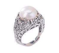 Floral Butterfly Engraved Statement Band Rings for Women Silver Pearl Vintage Elegant Personalized Adjustable Gifts for Women