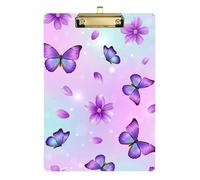Floral Butterfly Purple Clipboard Acrylic Cute Clip Board Paperboard Chic Design Clipboards with Low Profile Metal Clip for Nurses Teachers Coaches