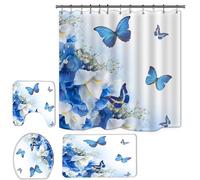 Floral Butterfly Shower Curtain Set, Blue Bath Decor, Anti-Slip Mat with 12 Hooks, U-Shaped Toilet Cover, Bathroom Accessories for Elegant Home Styling