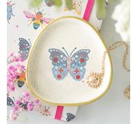 Floral Butterfly Trinket Dish - Playful Blue Butterfly Design - Organic Shape with Speckled Ceramic Finish - Elegant Gold Edging - Perfect for Jewelry, Keys, and Small Keepsakes