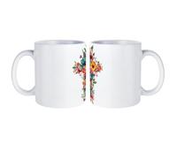 Floral C-ross White Coffee Mug with Handle Ceramic | Art Coffee Cups Hot Chocolate Cup Xmas Holiday Birthday