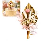 Floral Cake Topper Arrangement, Gold-Toned Palm Leaf, Blush Pink, 1-Pack | Pre-Arranged Botanical Stems, Ivory And Cream Accents, For Wedding And Birthday Cakes Or Dessert-Table Displays