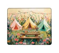 Floral Camping Mouse Pad, Soft Peach Yellow Green Tents Design, Stitched Edge Office Mousepad, Non-Slip Rubber Mousepad for Home and Work, Spring Summer Vibe Decor Square 8x10 Inch