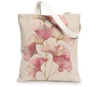 Floral Canvas Tote Bag, Elegant Ginkgo Leaf Design Reusable Shopping Bag, Chic Eco-Friendly Lightweight Washable Shoulder Tote for Travel Beach Picnic 13x15 Inch