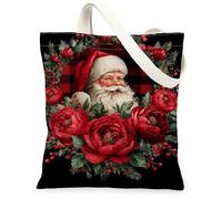 Floral Canvas Tote Bag, Festive Santa Rose Pattern Reusable Grocery Bag, Vintage Christmas Lightweight Washable Shoulder St, Red, 13x15 Inch