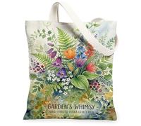 Floral Canvas Tote Bag for Women, Botanical Fanciful Fern Tulips Spring Green Washable Reusable Everyday Tote Bag for Shopping Brunch Park Library Day Trips 13x15 Inch