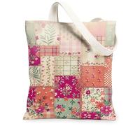 Floral Canvas Tote Bag for Women, Vintage Bohemian Patchwork Plaid Spring Peach Washable Reusable Aesthetic Tote Bag Ideas