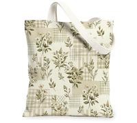 Floral Canvas Tote Bag for Women, Vintage Rustic Leaf Grid Spring Green Washable Reusable Shopping Bag Ideas for Outdoor Travel Workday Reading 13x15 Inch