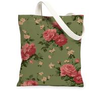 Floral Canvas Tote Bag, Vintage Rose Pattern Reusable Grocery Bag, Lightweight Washable Shoulder Strap Canvas for Travel Ou, Green, 13x15 Inch