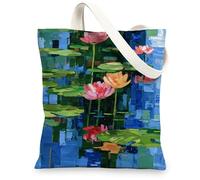 Floral Canvas Tote Bags, Artistic Water Lily Print Eco-Friendly Reusable Shopping Bags, Casual Chic Lightweight Washable Sh, Blue, 13x15 Inch