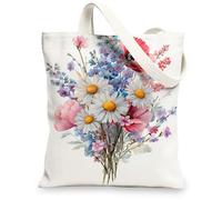 Floral Canvas Tote Bags, Beautiful Flower Pattern Reusable Grocery Bags, Lightweight Washable Shoulder Strap Canvas Bags fo, White, 13x15 Inch