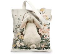 Floral Canvas Tote Bags, Cute Bunny Pattern Reusable Grocery Bags, Vintage Garden Lightweight Washable Shoulder Strap, White, 13x15 Inch