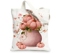 Floral Canvas Tote Bags, Cute Pumpkin Floral Design Reusable Grocery Bags, Elegant Washable Lightweight Vintage Shoulder ST, peach, 13x15 Inch