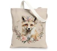 Floral Canvas Tote Bags, Designer Fox Pattern Reusable Grocery Bags, Vintage Lightweight Washable Shoulder Strap Canvas Bags for Gym Outdoor Travel Beach Picnic 13x15 Inch
