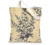 Floral Canvas Tote Bags, Elegant Floral Design Reusable Grocery Bags, Vintage Washable Shoulder Strap Canvas Ba, Beige, 13x15 Inch