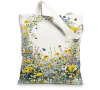 Floral Canvas Tote Bags, Elegant Floral Design Reusable Grocery Bags, Washable Shoulder Strap Canvas Bags for G, White, 13x15 Inch