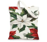 Floral Canvas Tote Bags, Elegant Poinsettia Design Reusable Grocery Bags, Chic Lightweight Washable Shoulder Strap Canvas F, White, 13x15 Inch