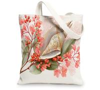 Floral Canvas Tote Bags, Elegant Shell and Plant Design Reusable Shopping Bags, Lightweight Washable Eco-Friendly Canvas Ba, White, 13x15 Inch