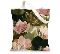 Floral Canvas Tote Bags, Elegant Water Lily Design Eco-Friendly Reusable Shopping Bags, Vintage Botanical Lightweight Washa, Peach, 13x15 Inch