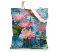 Floral Canvas Tote Bags, Elegant Water Lily Print Reusable Shopping Bags, Artistic Lightweight Washable Shoulder Strap Canvas Bags for Travel Beach Picnic 13x15 Inch