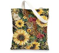 Floral Canvas Tote Bags, Exotic Leopard Print Reusable Shopping Bags, Bohemian Vintage Lightweight Washable Shoulder Strap, Yellow, 13x15 Inch