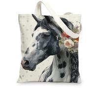 Floral Canvas Tote Bags, Horse Design Reusable Grocery Bags, Vintage Floral Lightweight Washable Shoulder Strap Canvas Bags, White, 13x15 Inch