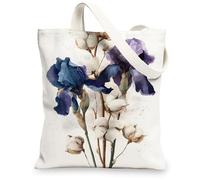 Floral Canvas Tote Bags, Iris Design Reusable Grocery Bags, Vintage Lightweight Washable Shoulder Strap Canvas Bags for Tra, White, 13x15 Inch