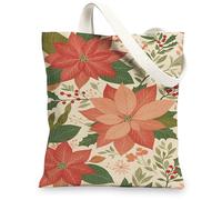 Floral Canvas Tote Bags, Stylish Poinsettia Pattern Reusable Shopping Bags, Elegant Eco-Friendly Lightweight Washable Carry, Red, 13x15 Inch