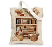 Floral Canvas Tote Bags, Vintage Bookcase Design Reusable Grocery Bags, Rustic Farmhouse Lightweight Washable Shoulder Stra, Beige, 13x15 Inch