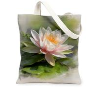 Floral Canvas Tote Bags, Water Lily Pattern Reusable Grocery Bags, Spring Vintage Lightweight Washable Canvas for Travel Be, Peach, 13x15 Inch