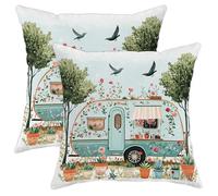 Floral Caravan Pillow Covers Set of 2, Blue Vintage Trailer Throw Pillows Case, Spring Decorative Square Home Decor Cushion Covers for Sofa Bed Couch 18x18 Inch