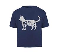 Floral cat 1 Silhouette Watercolour Cut Out Short Sleeve Cotton Toddler t Shirt, 3-4 Years, Navy