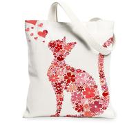 Floral Cat Canvas Tote Bag, Heart Pattern Reusable Grocery Bags, Lightweight Washable Shoulder Strap Canvas Bags for Gym Ou, White, 13x15 Inch