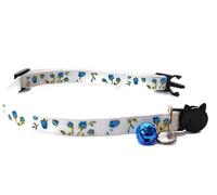 Floral Cat Collars with Bell. Safe, Quick Release Breakaway Buckle Available in Cat Size & Kitten Size. Various Designs Available - White with Blue Roses