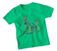Floral Cat Kids T-Shirt Girls Decorative Animal Tee Cute Kitty Design 12-13 Years Kelly Green