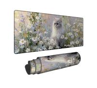 Floral Cat Large Mouse Pad, Soft Gray Feline in Daisies, Spring Garden Design, Non-Slip Washable Mousepad for Home Office Use 16x36 Inch