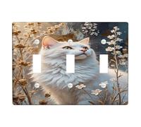 Floral Cat Light Switch Cover Plates/Outlet Covers, Soft White Fur and Flowers for Home Decor, Thermoplastic Wall Plates, Standard Size Triple Toggle